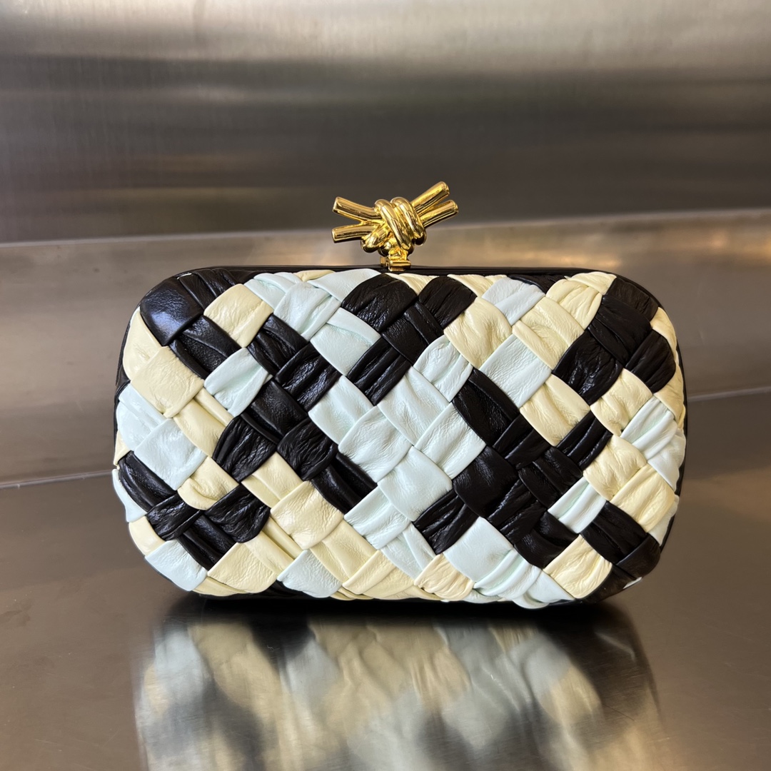 Knot Padded Intreccio Leather Clutch Black/White